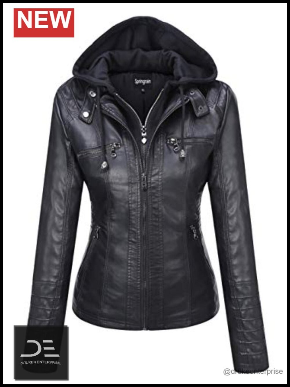 Faux Leather Moto Biker Jacket Removable Hood Moto Coat Fall Winter